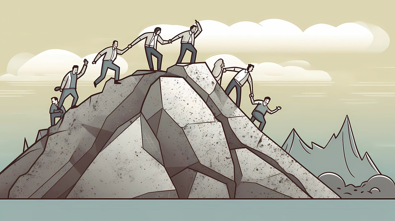 graphic of people helping each other climb over rocks