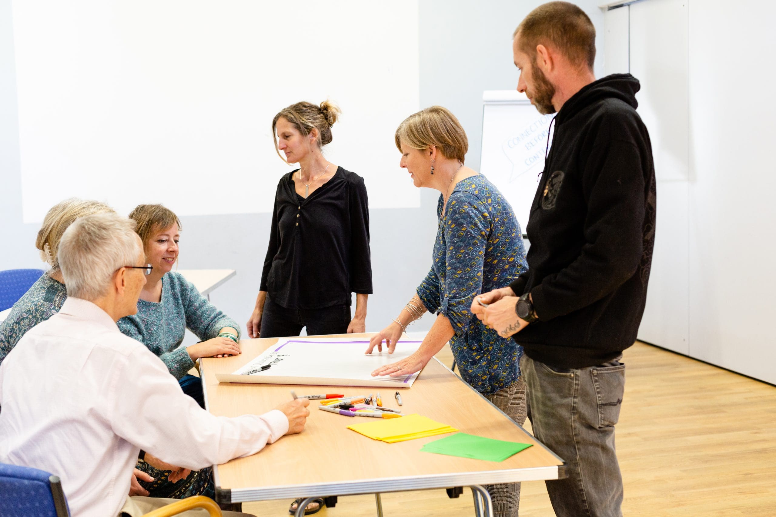 A group of people standing around a table showing a workshop situation